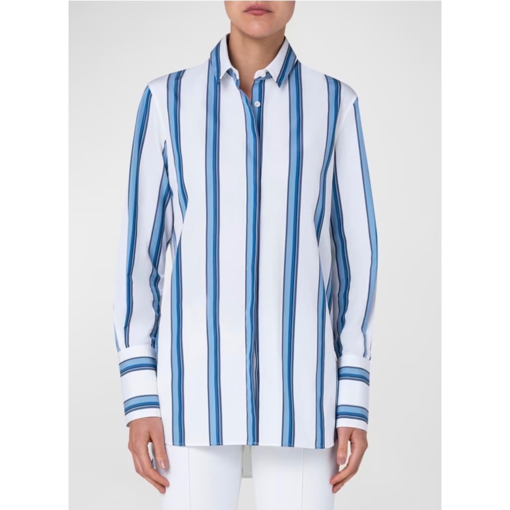 Akris Punto Striped Tunic Blouse Womens Sz 4 Blue White EUC Luxury Designer